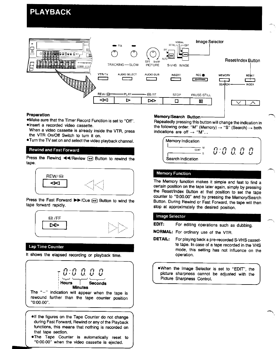 Playback, Preparation, Memory/search button | U ■ u u. u u, U ’ u u. u u | Panasonic NV-FS1 User Manual | Page 16 / 40