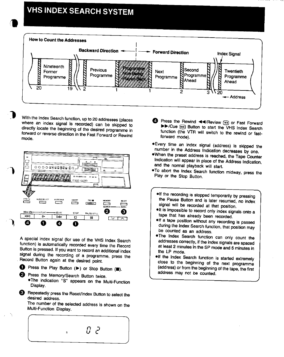 Vhs index search system, How to count the addresses, Backward direction | O o o | Panasonic NV-FS1 User Manual | Page 29 / 40