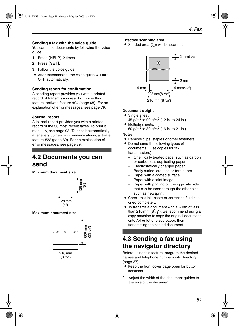 Documents you can send, Sending a fax using the navigator directory, 2 documents you can send | 3 sending a fax using the navigator directory, Fax 51 | Panasonic KX-FPG381 User Manual | Page 53 / 106