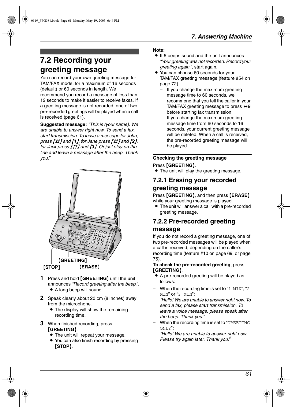 Greeting, Recording your greeting message, 2 recording your greeting message | 1 erasing your recorded greeting message, 2 pre-recorded greeting message | Panasonic KX-FPG381 User Manual | Page 63 / 106