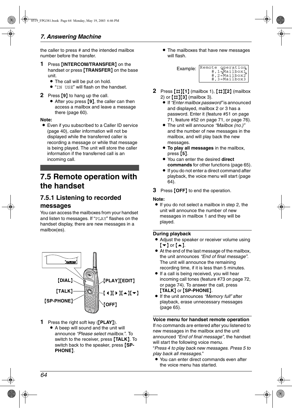 Remote operation with the handset, 5 remote operation with the handset, 1 listening to recorded messages | Answering machine 64 | Panasonic KX-FPG381 User Manual | Page 66 / 106