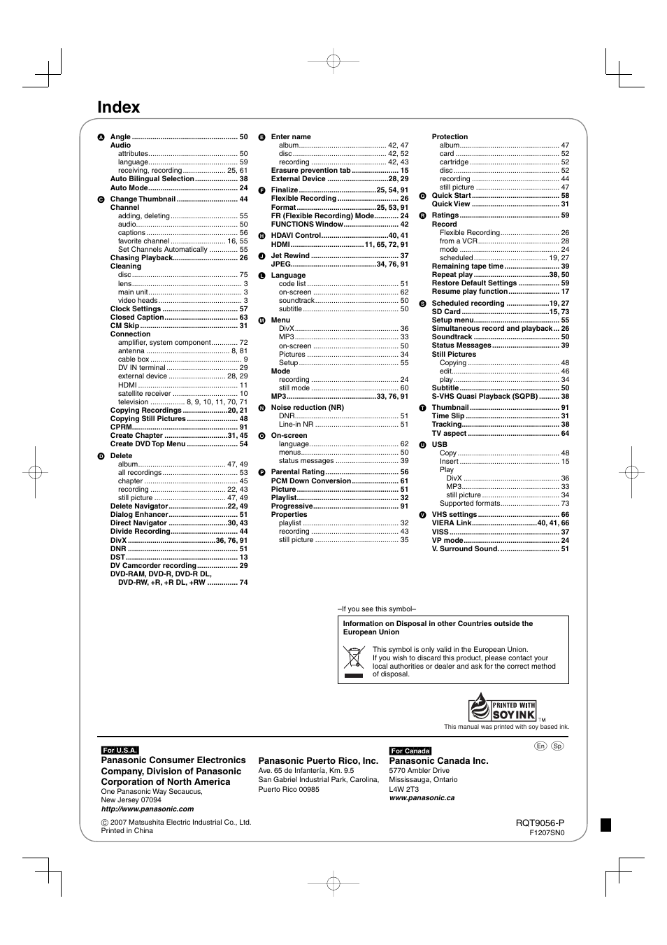 Index | Panasonic DIGA DMR-EZ48V User Manual | Page 100 / 100