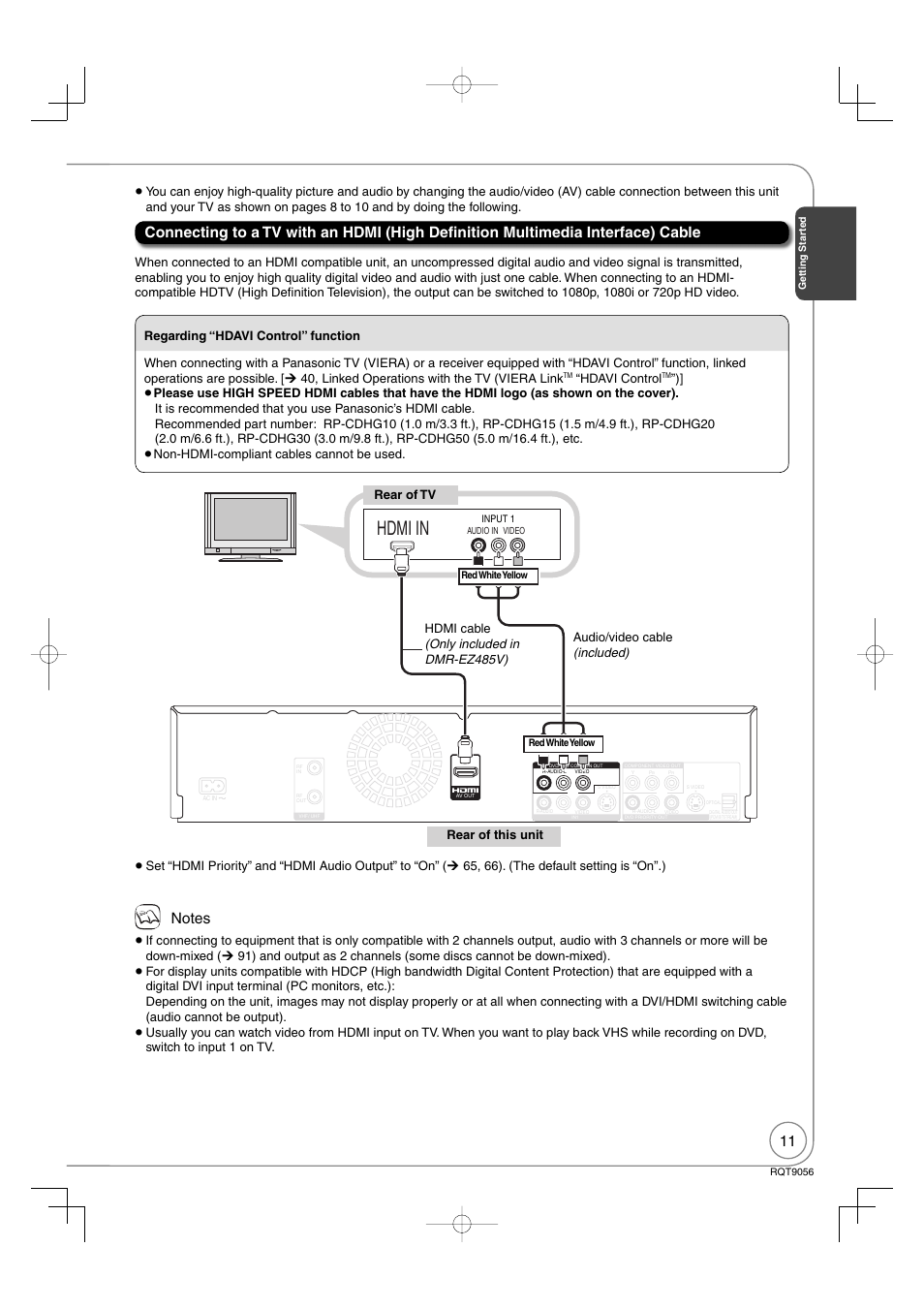 Hdmi in, Hdavi control, Hdmi cable (only included in dmr-ez485v) | Panasonic DIGA DMR-EZ48V User Manual | Page 11 / 100