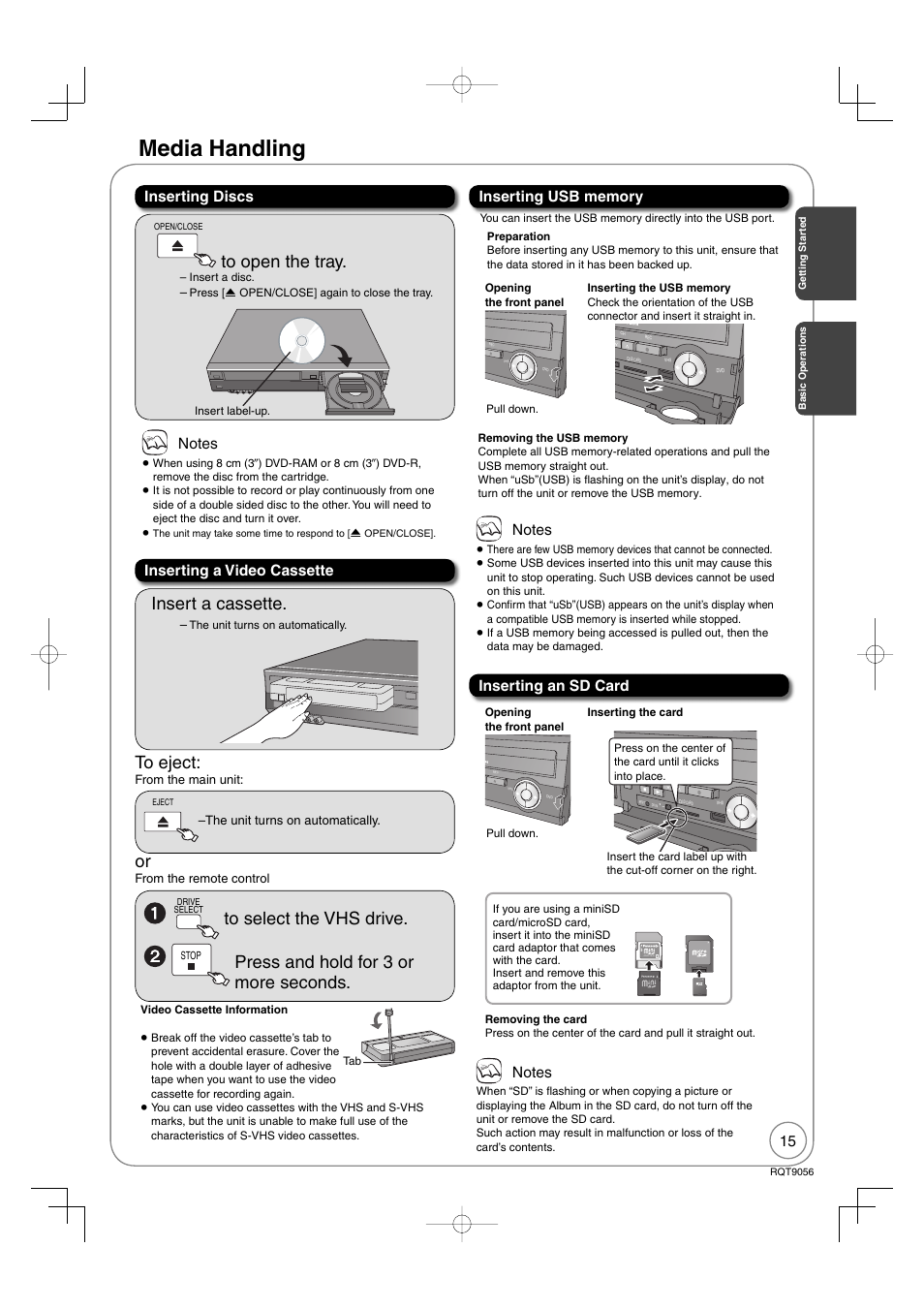 Basic operations, Media handling, Insert a cassette | Press and hold for 3 or more seconds, Inserting discs | Panasonic DIGA DMR-EZ48V User Manual | Page 15 / 100