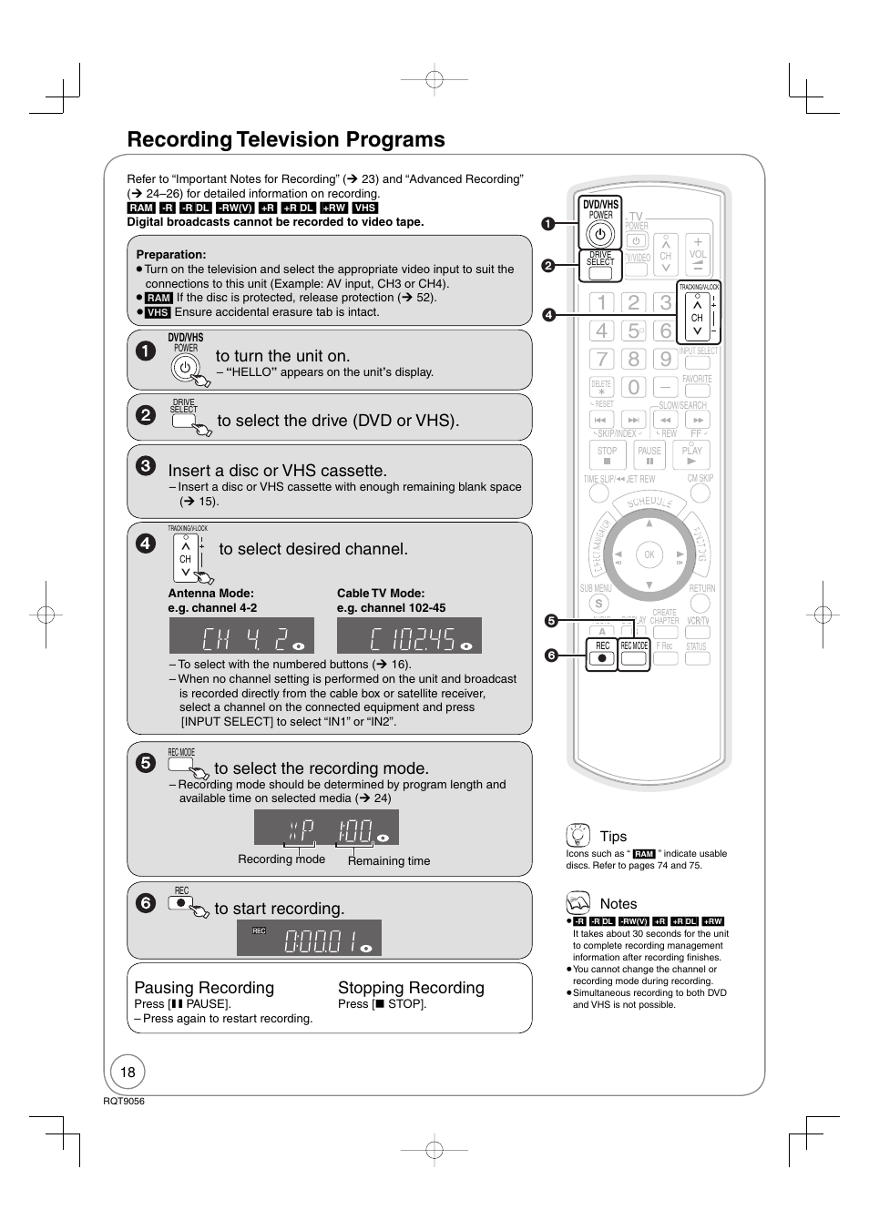 Recording television programs, Pausing recording, Stopping recording | Panasonic DIGA DMR-EZ48V User Manual | Page 18 / 100