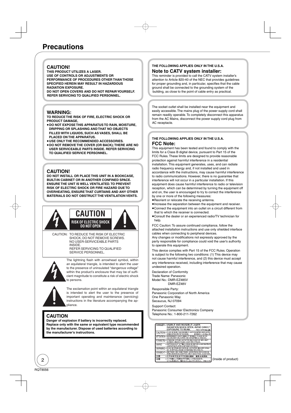 Getting started, Precautions, Caution | Panasonic DIGA DMR-EZ48V User Manual | Page 2 / 100