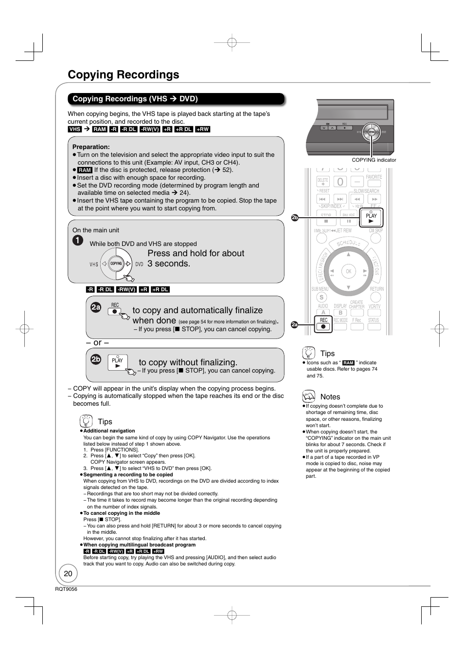 Copying recordings, Press and hold for about 3 seconds | Panasonic DIGA DMR-EZ48V User Manual | Page 20 / 100