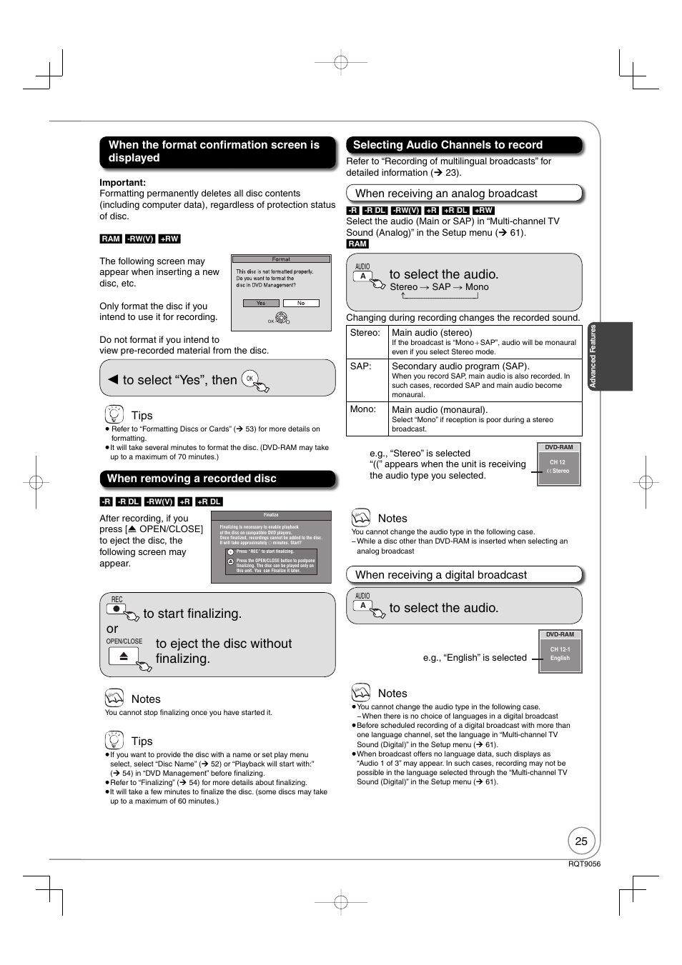 Tips, Selecting audio channels to record | Panasonic DIGA DMR-EZ48V User Manual | Page 25 / 100