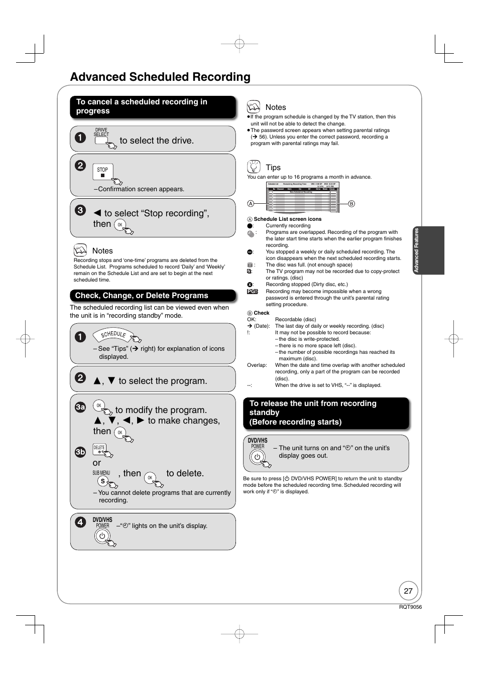 Advanced scheduled recording, Then, Tips | Panasonic DIGA DMR-EZ48V User Manual | Page 27 / 100