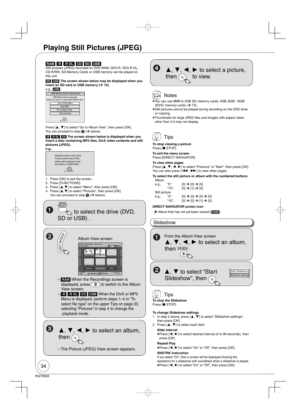 Playing still pictures (jpeg), Tips, Slideshow | Panasonic DIGA DMR-EZ48V User Manual | Page 34 / 100