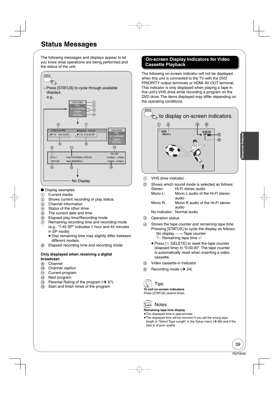 Status messages, Tips | Panasonic DIGA DMR-EZ48V User Manual | Page 39 / 100