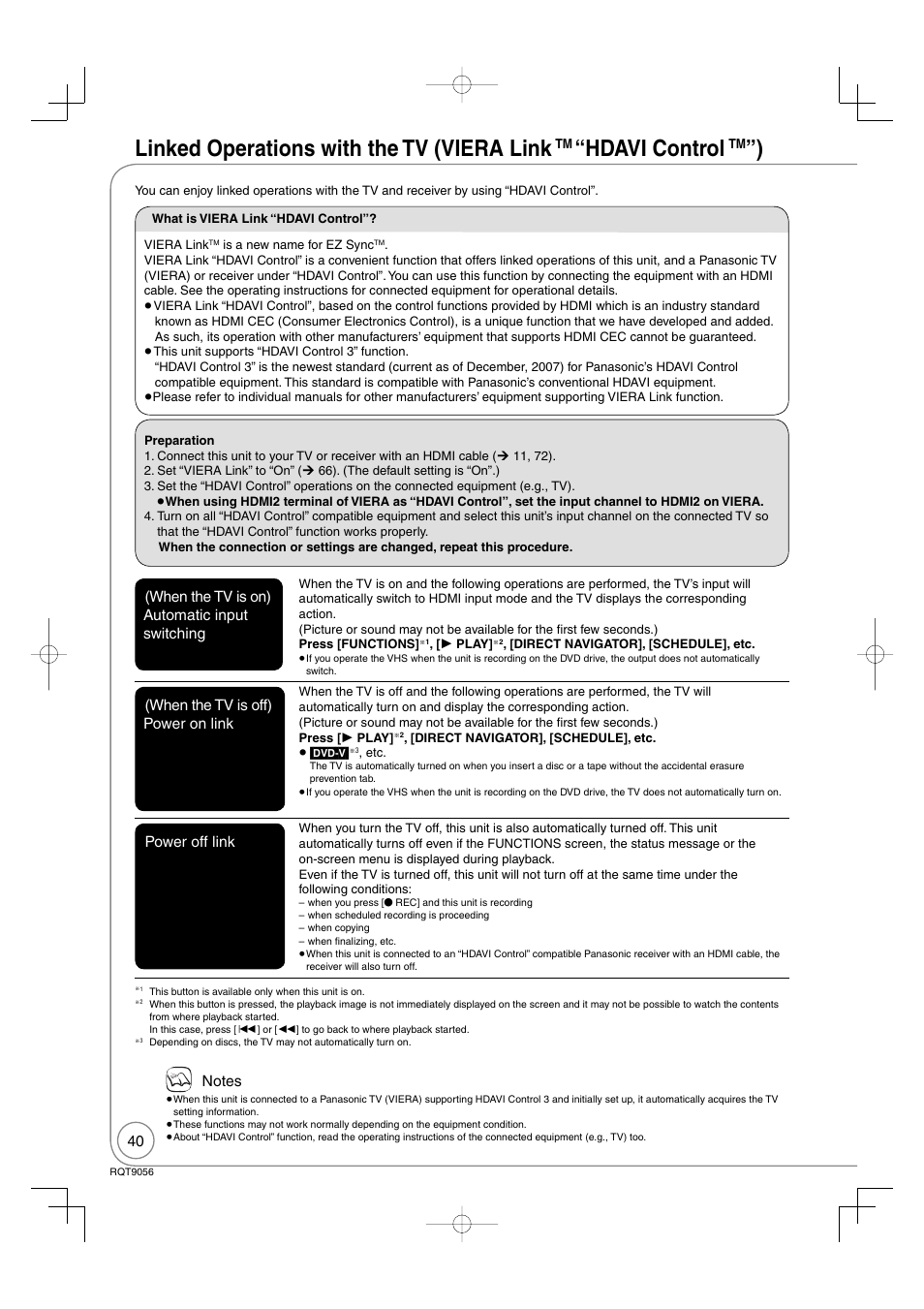 Linked operations with the tv (viera link, Hdavi control | Panasonic DIGA DMR-EZ48V User Manual | Page 40 / 100