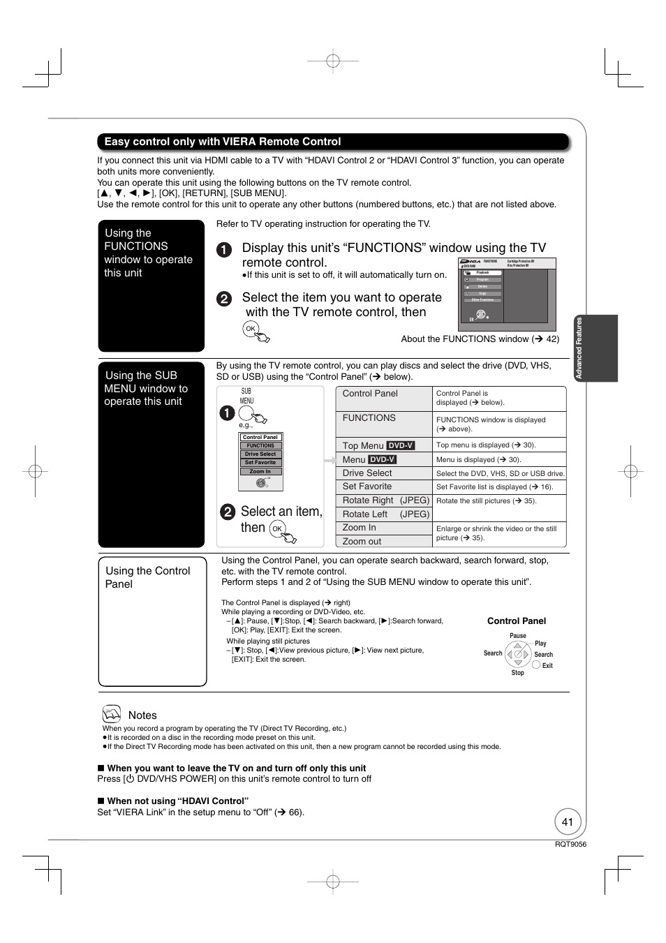 Select an item, then, Easy control only with viera remote control, Using the functions window to operate this unit | Using the sub menu window to operate this unit, Using the control panel | Panasonic DIGA DMR-EZ48V User Manual | Page 41 / 100