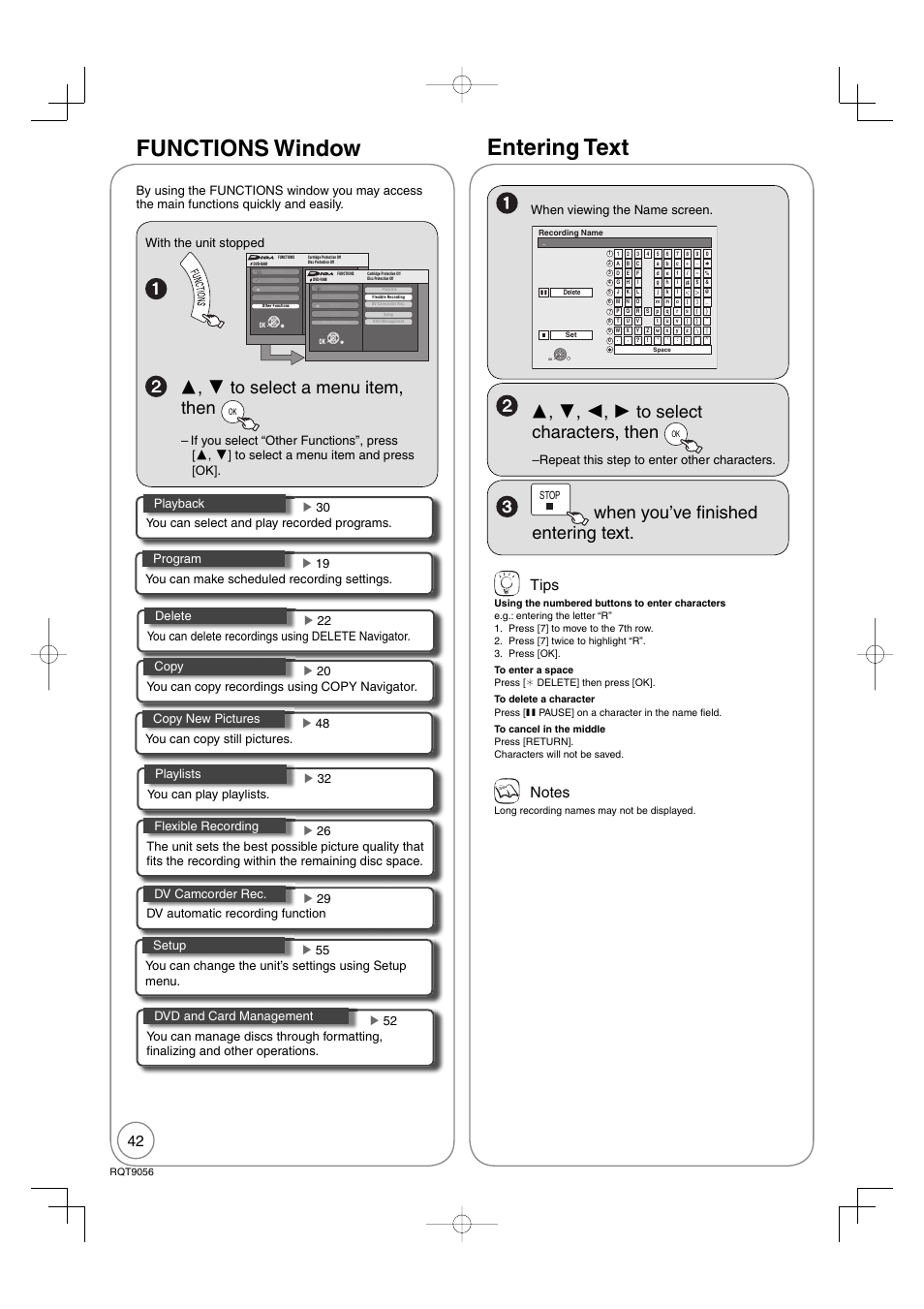 Functions window, Entering text, When you’ve fi nished entering text | Tips, Repeat this step to enter other characters | Panasonic DIGA DMR-EZ48V User Manual | Page 42 / 100