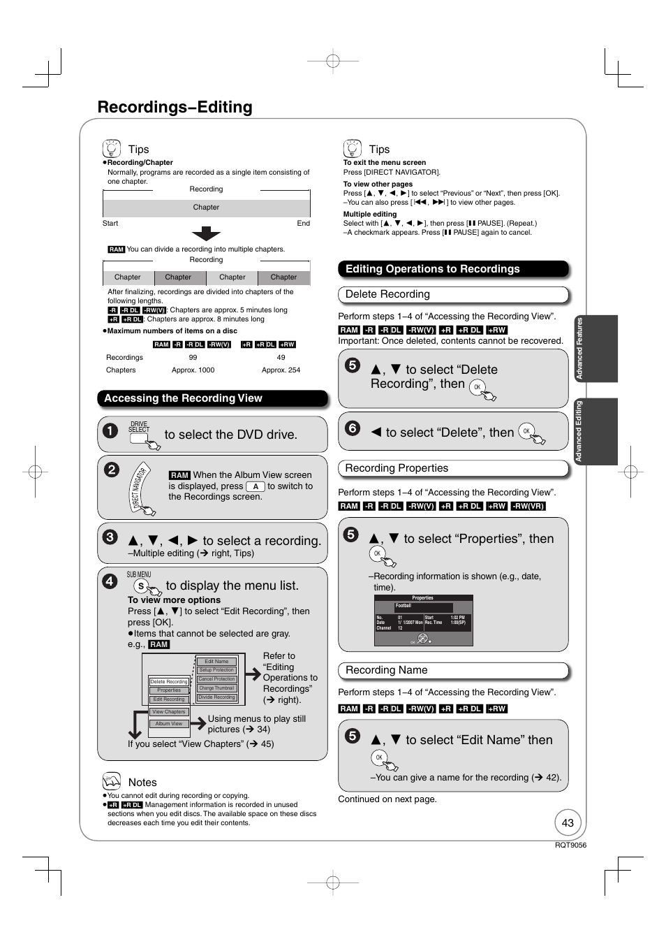 Advanced editing, Recordings − editing | Panasonic DIGA DMR-EZ48V User Manual | Page 43 / 100