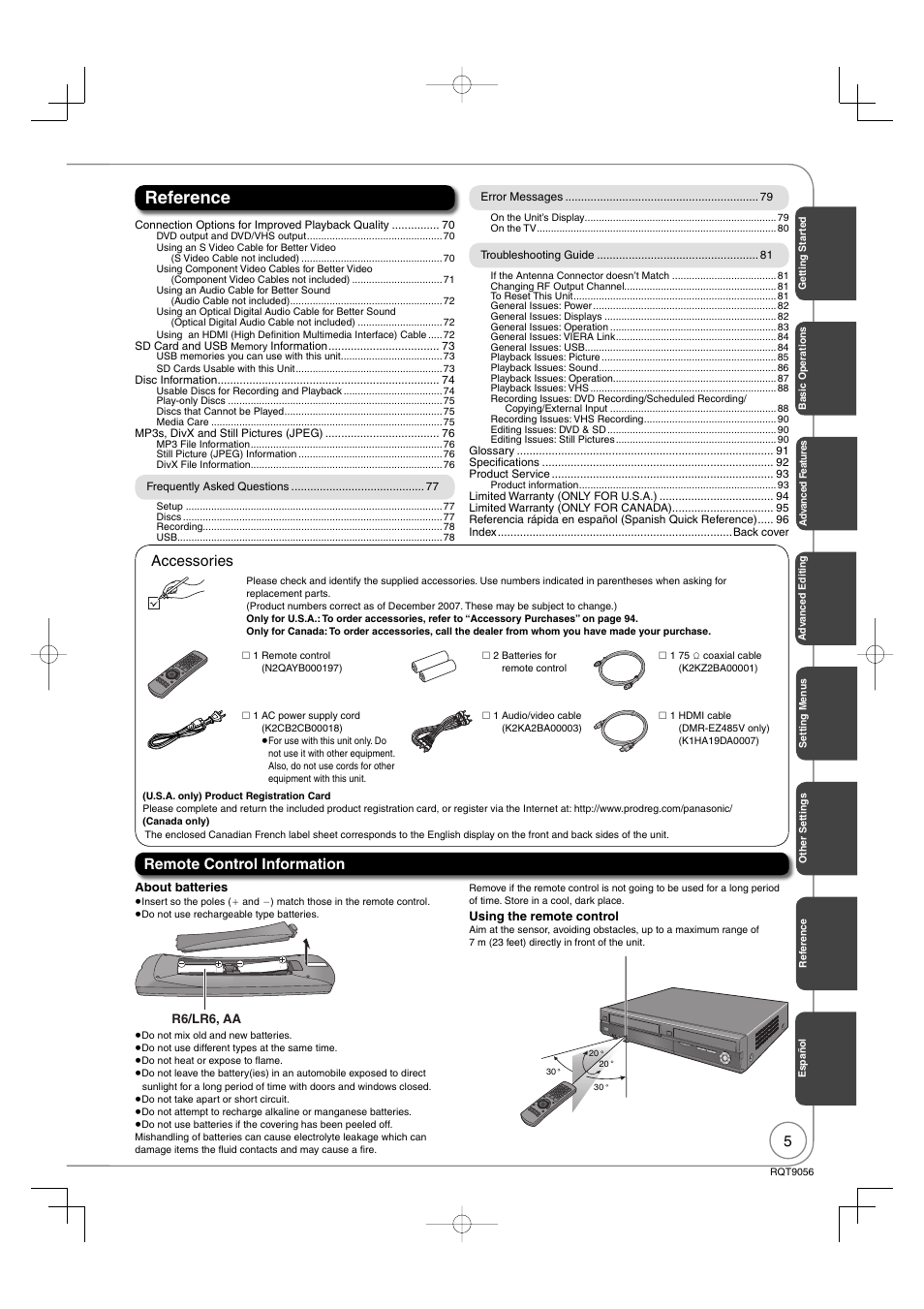 Reference, Remote control information, Accessories | Panasonic DIGA DMR-EZ48V User Manual | Page 5 / 100