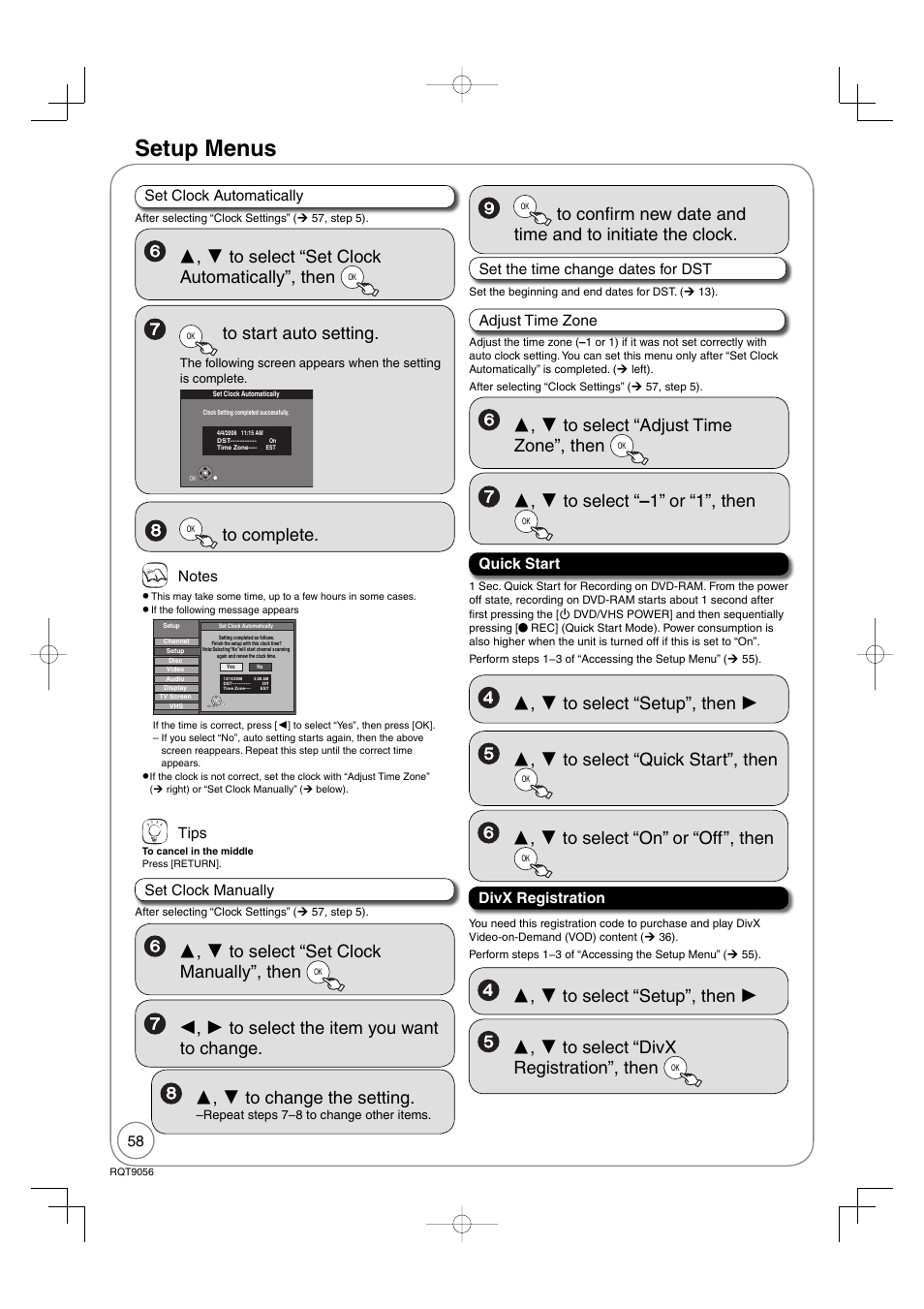 Setup menus | Panasonic DIGA DMR-EZ48V User Manual | Page 58 / 100