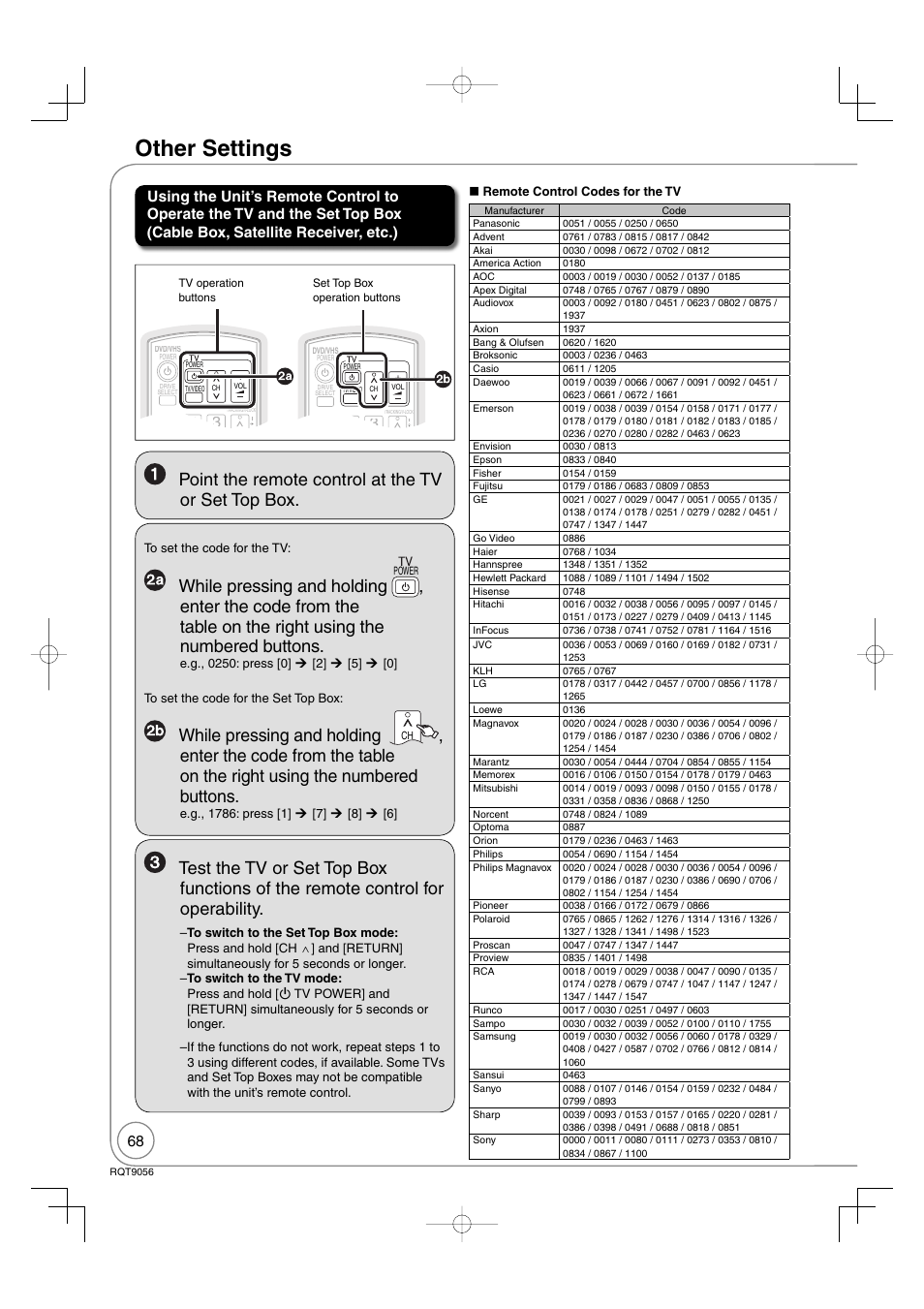 Other settings, Point the remote control at the tv or set top box, While pressing and holding | Panasonic DIGA DMR-EZ48V User Manual | Page 68 / 100