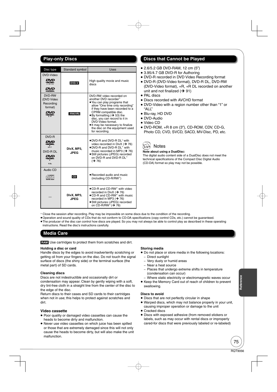 Play-only discs discs that cannot be played, Media care | Panasonic DIGA DMR-EZ48V User Manual | Page 75 / 100