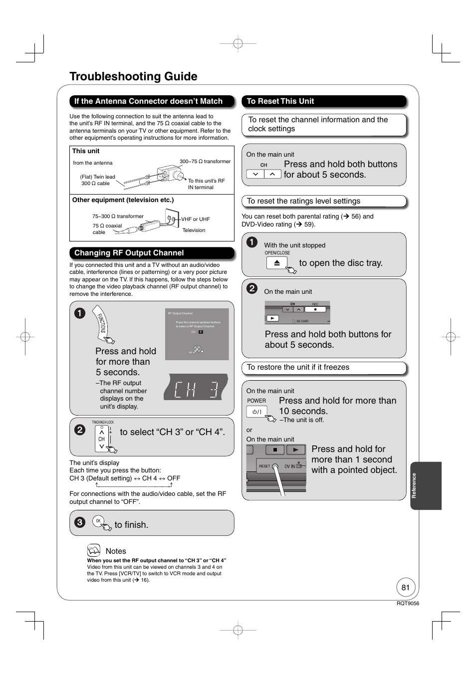 Troubleshooting guide, Press and hold for more than 5 seconds, Press and hold both buttons for about 5 seconds | Press and hold for more than 10 seconds | Panasonic DIGA DMR-EZ48V User Manual | Page 81 / 100