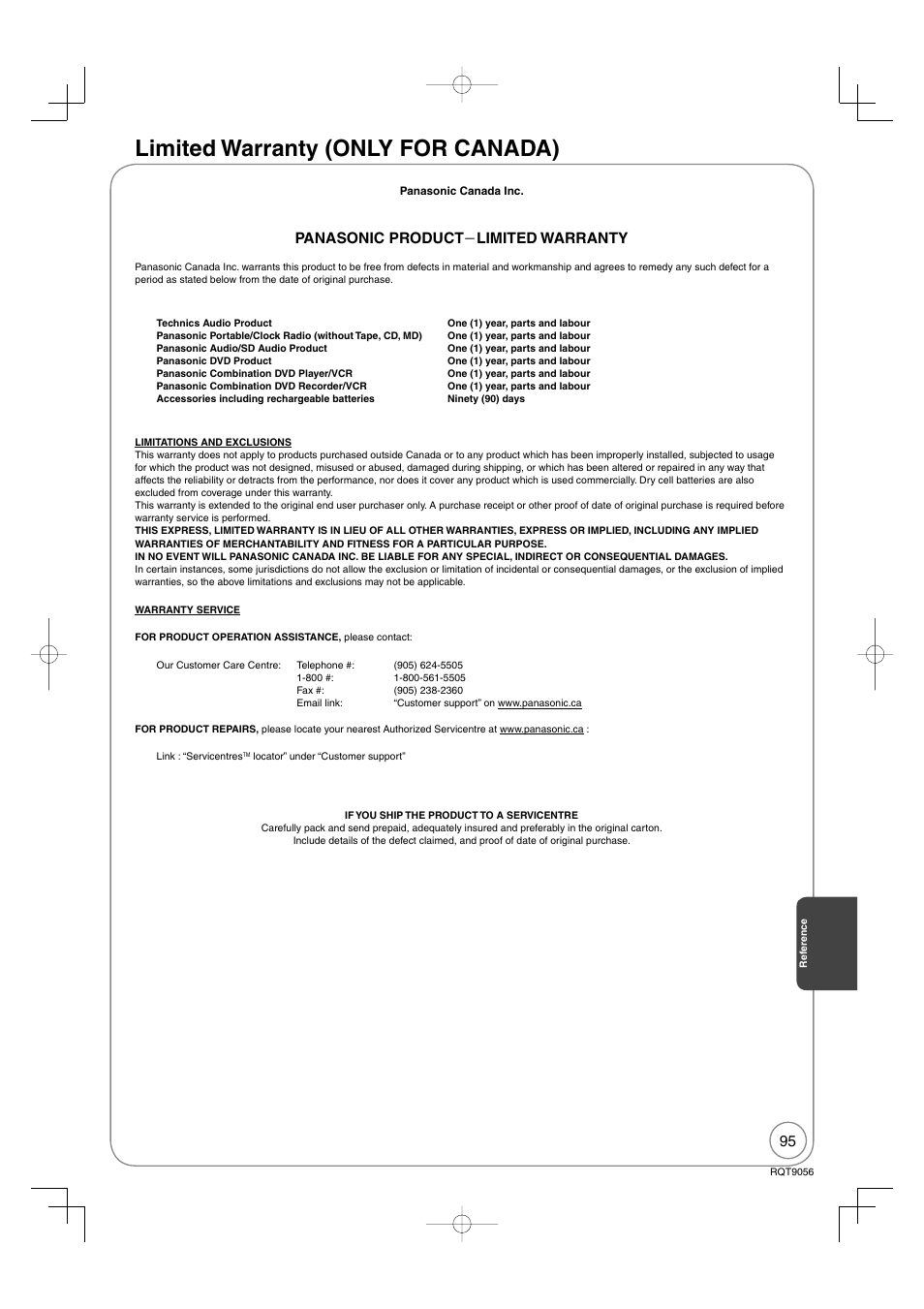 Limited warranty (only for canada), Panasonic product  limited warranty | Panasonic DIGA DMR-EZ48V User Manual | Page 95 / 100