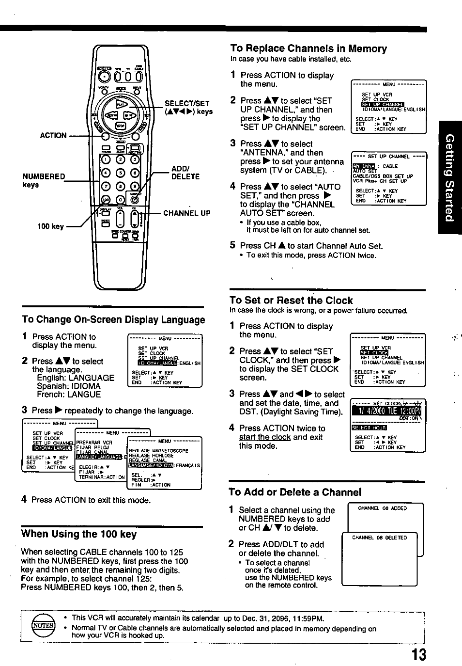 To change on-screen display language, When using the 100 key, To replace channels in memory | Магою, To set or reset the clock, To add or delete a channel | Panasonic OMNIVISION PV-8402 User Manual | Page 13 / 36