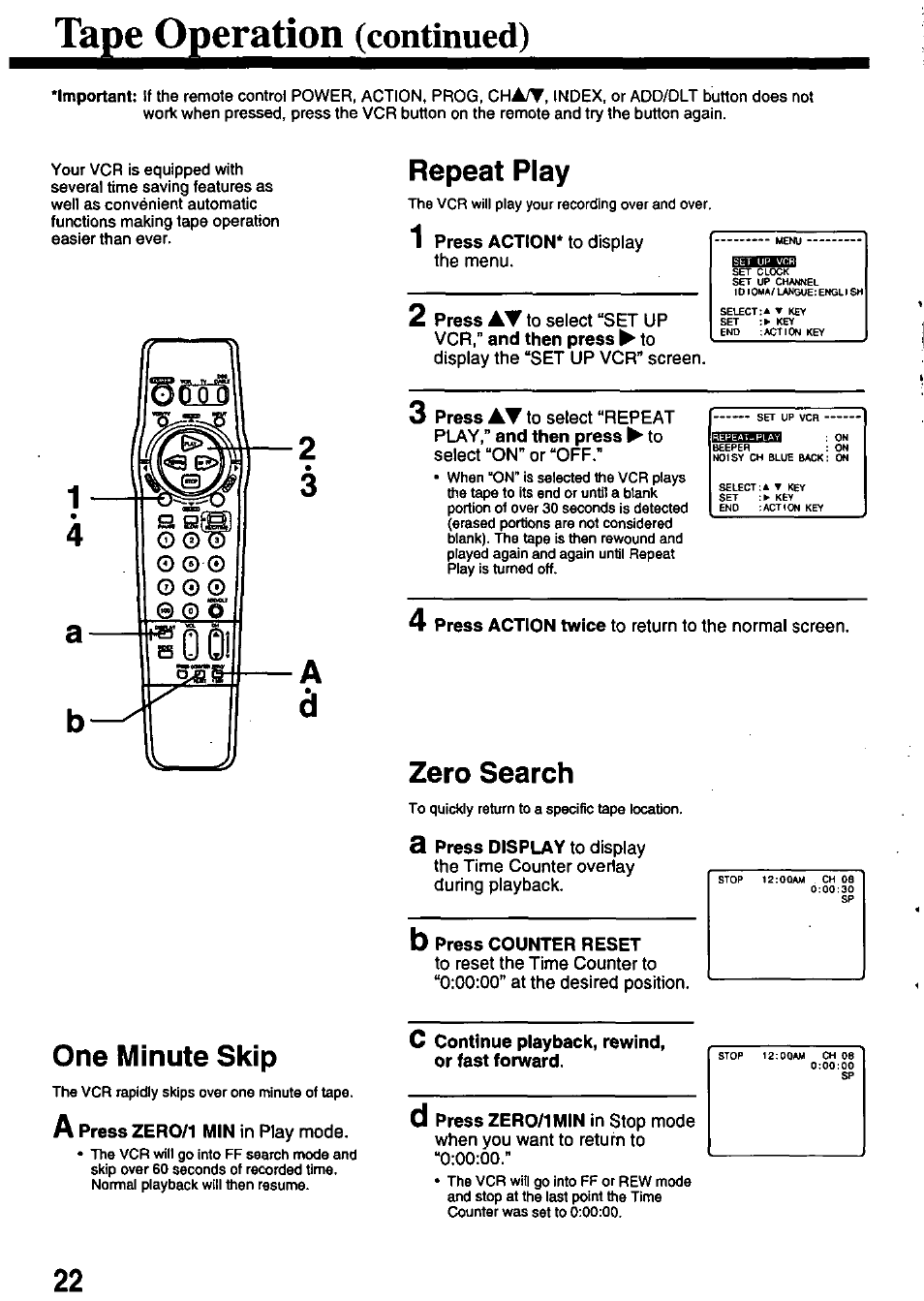 Tape operation (continued), Repeat play, Play,” and then press ► to | Zero search, B press counter reset, One minute skip, A press zero/1 min in play mode, C continue playback, rewind, or fast forward, Tape operation, Continued) | Panasonic OMNIVISION PV-8402 User Manual | Page 22 / 36