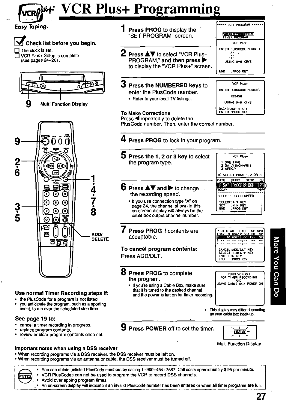 Vcr plus+ programming, I^^check list before you begin, Use normal timer recording steps if | O press the numbered keys to, To cancel program contents, Easy taping | Panasonic OMNIVISION PV-8402 User Manual | Page 27 / 36