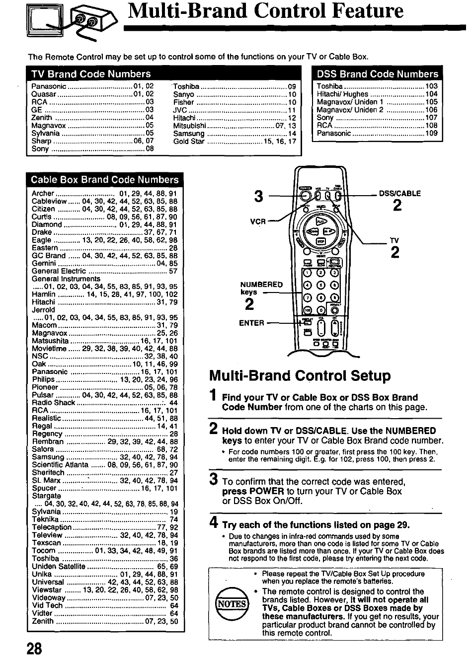 Multi-brand control feature, Multi-brand control setup | Panasonic OMNIVISION PV-8402 User Manual | Page 28 / 36