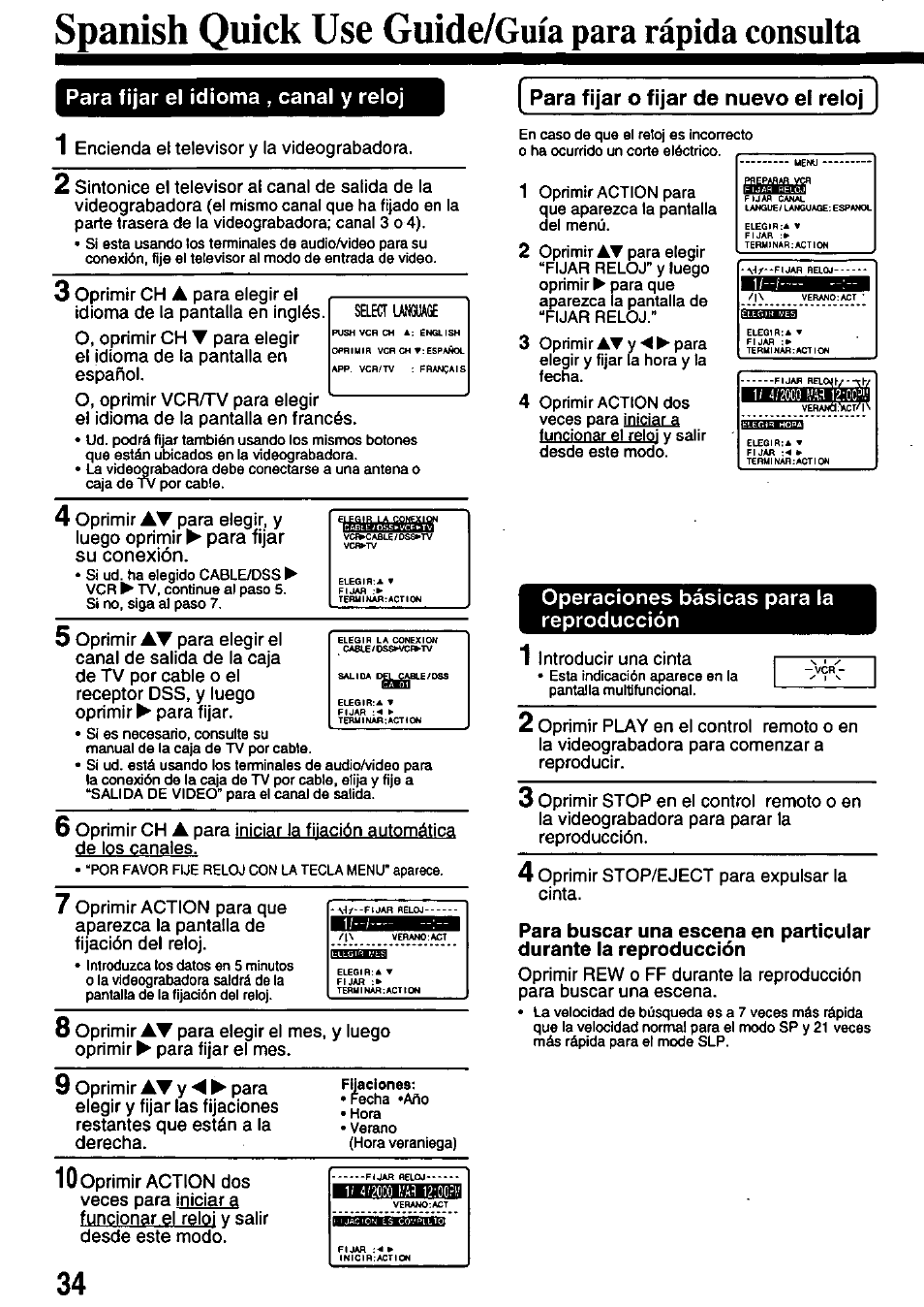 Spanish quick use guide/guia para rápida consulta, Para fijar el idioma , canal y reloj, Operaciones básicas para la reproducción | Para buscar una escena en particular, Durante la reproducción, Spanish quick use, Guide/guia para rápida consulta, Para fijar o fijar de nuevo el reloj | Panasonic OMNIVISION PV-8402 User Manual | Page 34 / 36