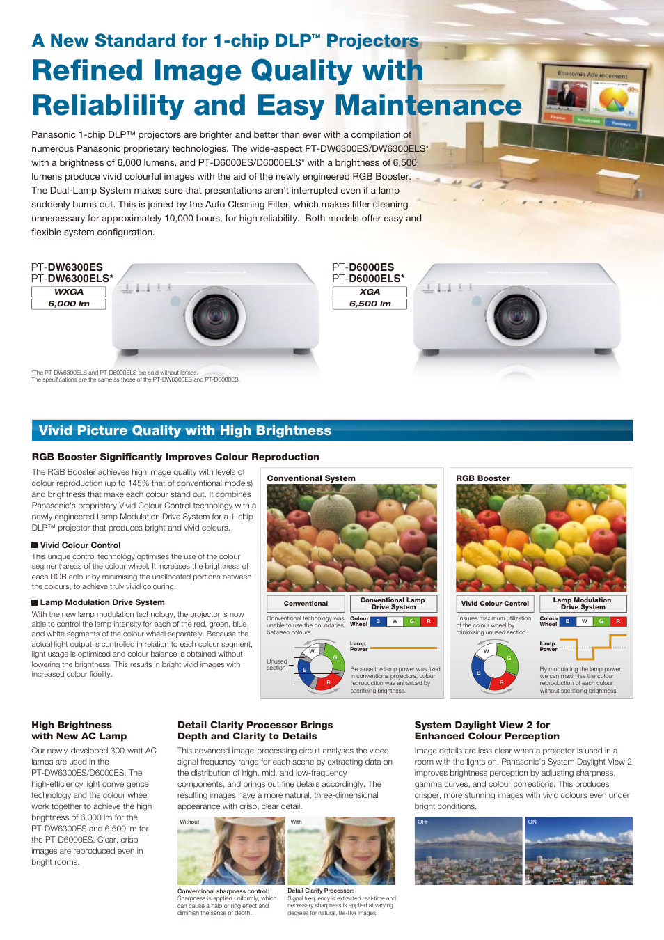 A new standard for 1-chip dlp, Projectors, Vivid picture quality with high brightness | Panasonic PT-DW6300ES User Manual | Page 2 / 4