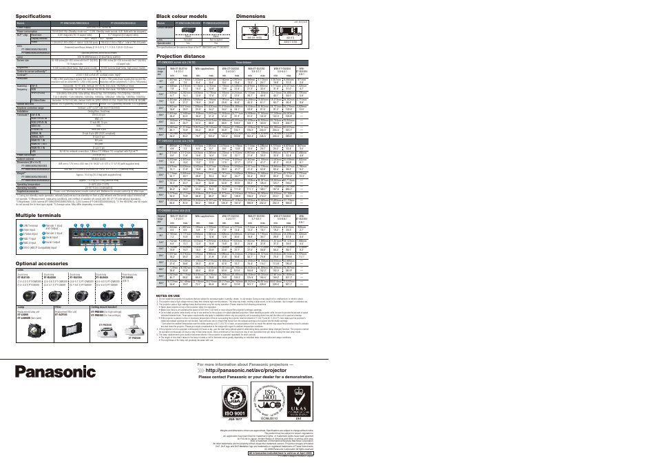 Multiple terminals, Black colour models, Dimensions | Panasonic PT-DW6300ES User Manual | Page 4 / 4