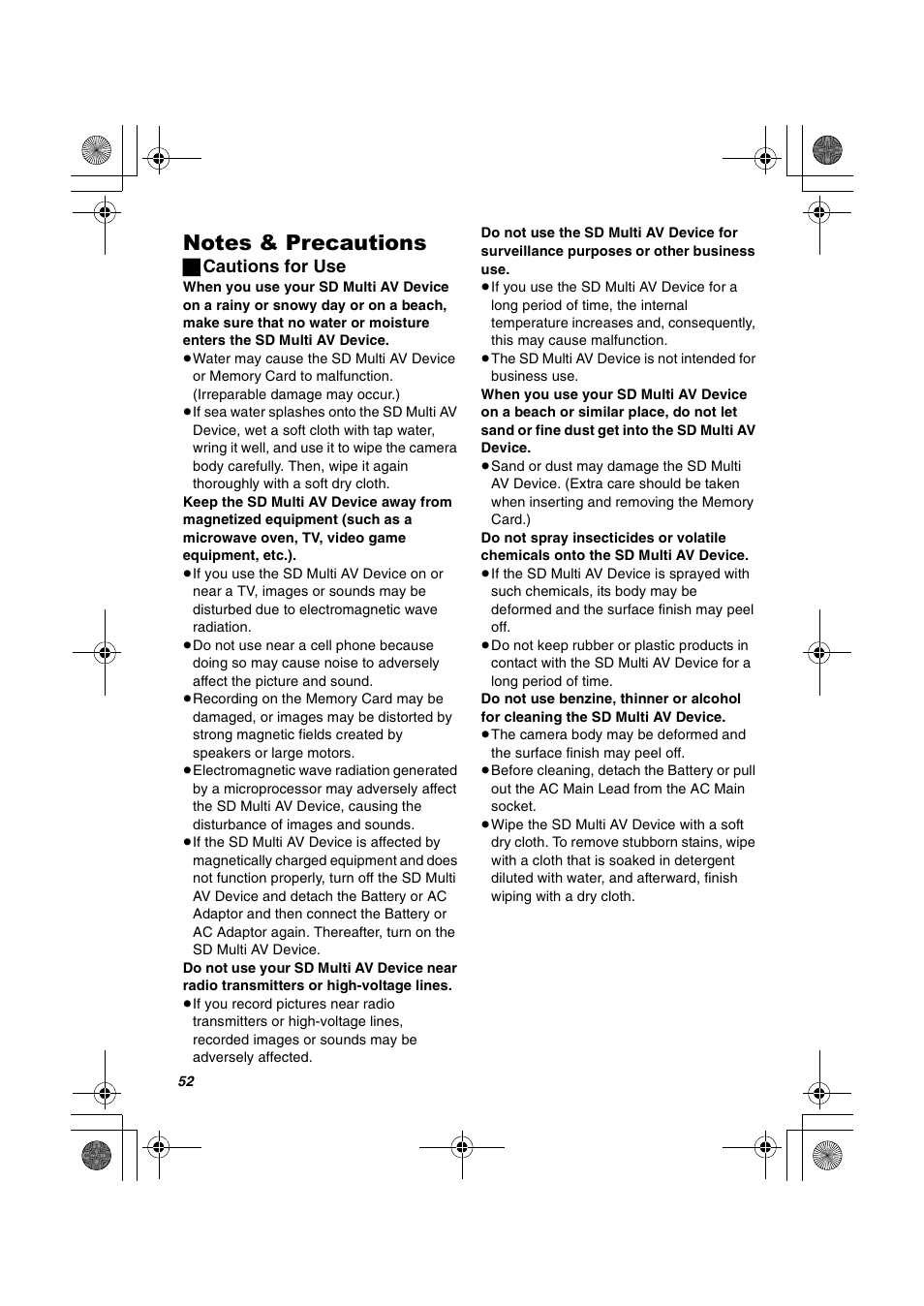 Notes & precautions, ª cautions for use | Panasonic SV-AV30U User Manual | Page 52 / 74