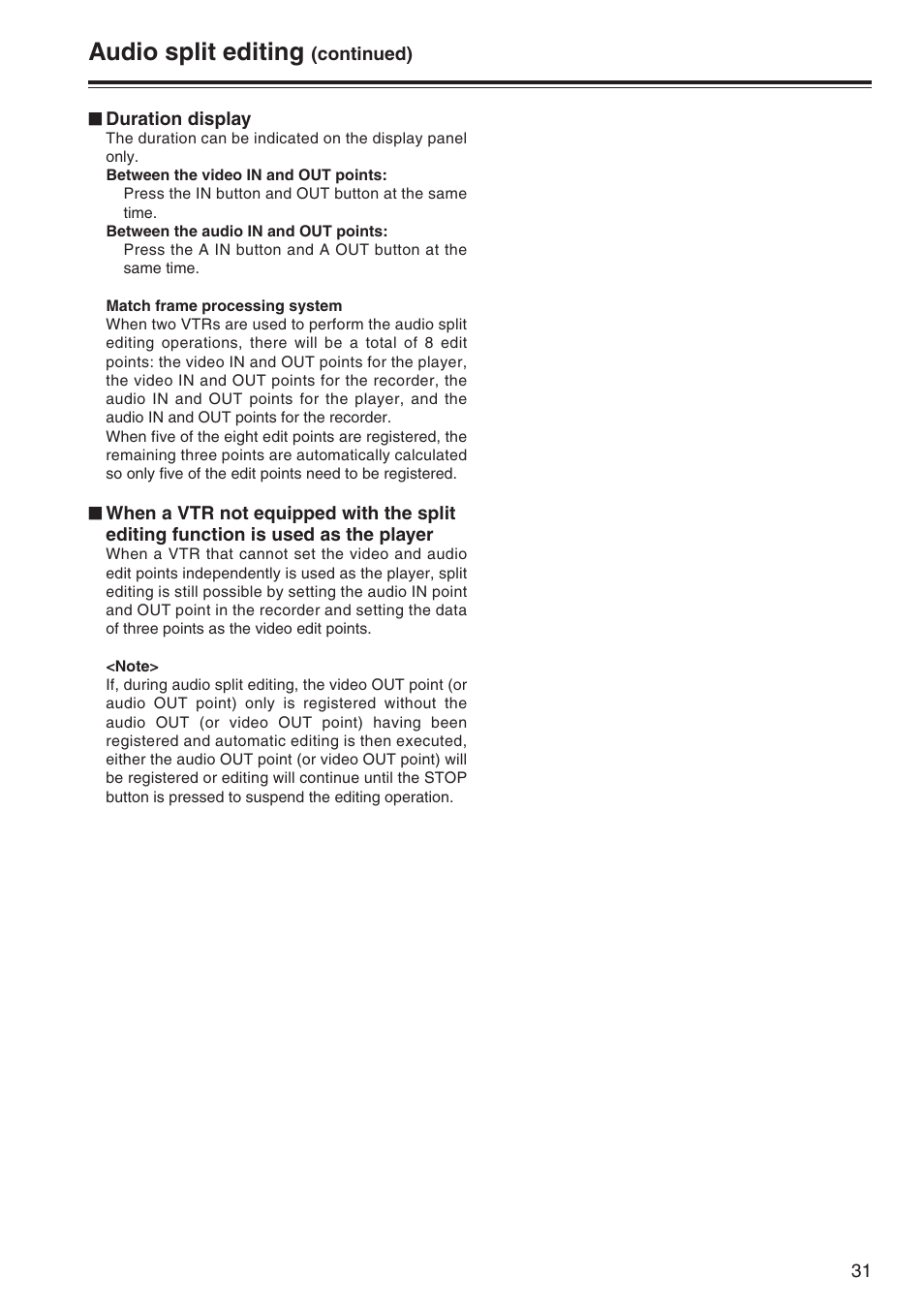 Audio split editing | Panasonic AJ-SD965P User Manual | Page 31 / 86