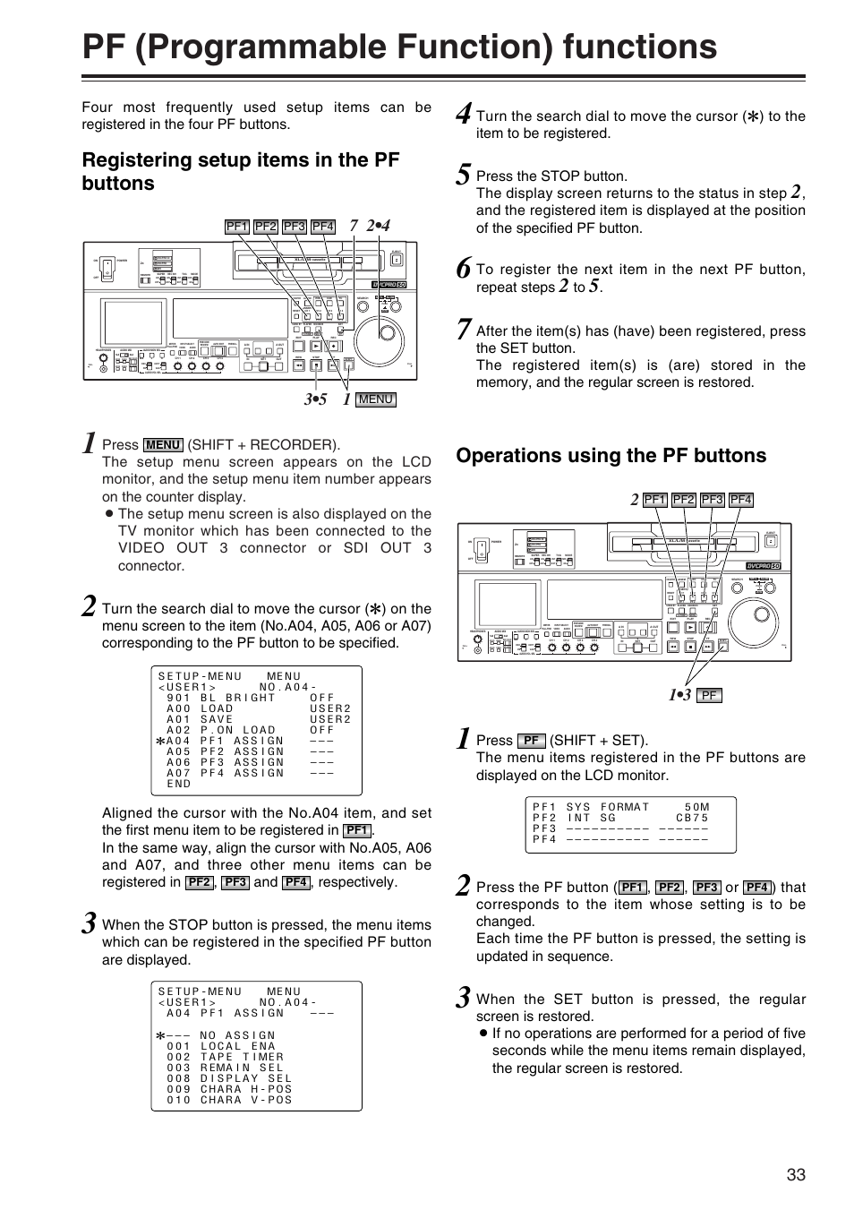 Pf (programmable function) functions, Registering setup items in the pf buttons, Operations using the pf buttons | Menu, Menu pf1 pf2 pf3 pf4, Pf pf1 pf2 pf3 pf4, Pf4 pf3 pf2 pf1 | Panasonic AJ-SD965P User Manual | Page 33 / 86