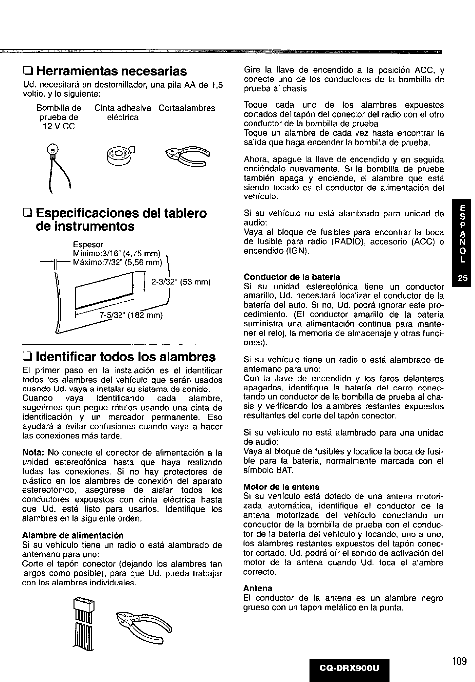 Alambre de alimentación, Conductor de la batería, Motor de la antena | Antena, I ,1, Herramientas necesarias, Especificaciones del tablero de instrumentos, Identificar todos los alambres | Panasonic CQDRX900U User Manual | Page 109 / 124
