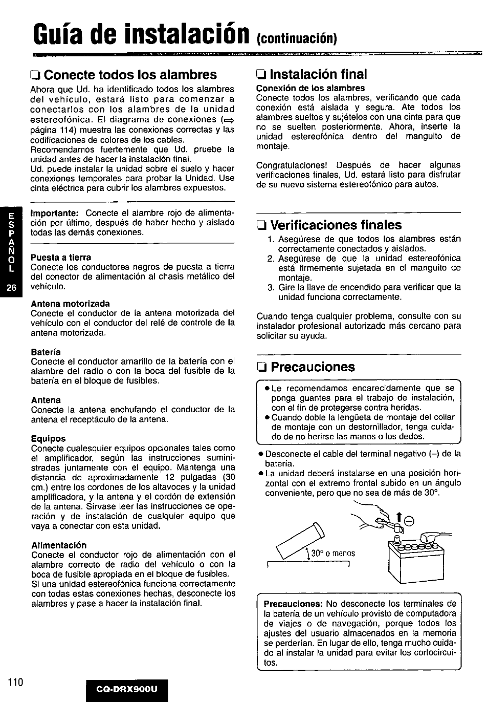 Guía de instalación, Continuación) □ conecte todos los alambres, Instalación final | Verificaciones finales, Precauciones | Panasonic CQDRX900U User Manual | Page 110 / 124