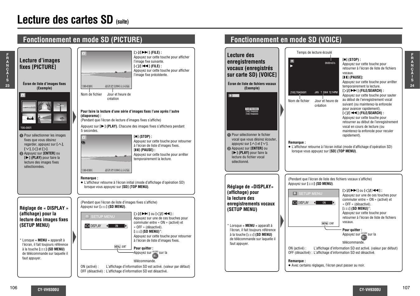 Lecture des cartes sd, Fonctionnement en mode sd (picture), Fonctionnement en mode sd (voice) | Suite), Lecture d’images fi xes [picture | Panasonic CY-VH9300U User Manual | Page 54 / 83