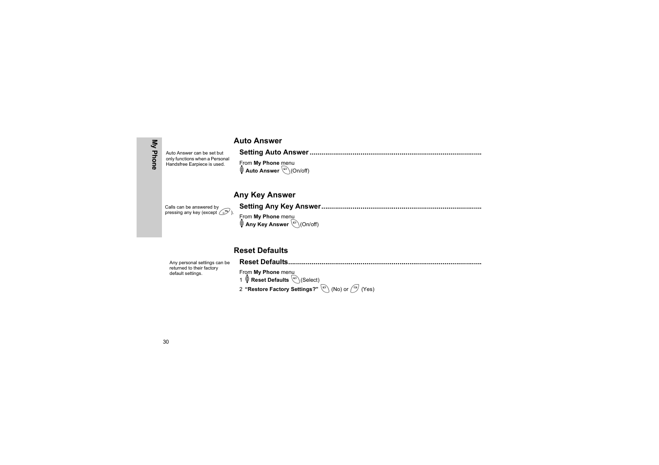 Auto answer, Setting auto answer, Any key answer | Setting any key answer, Reset defaults, Auto answer any key answer reset defaults, P. 30) | Panasonic EB-G50 User Manual | Page 33 / 104