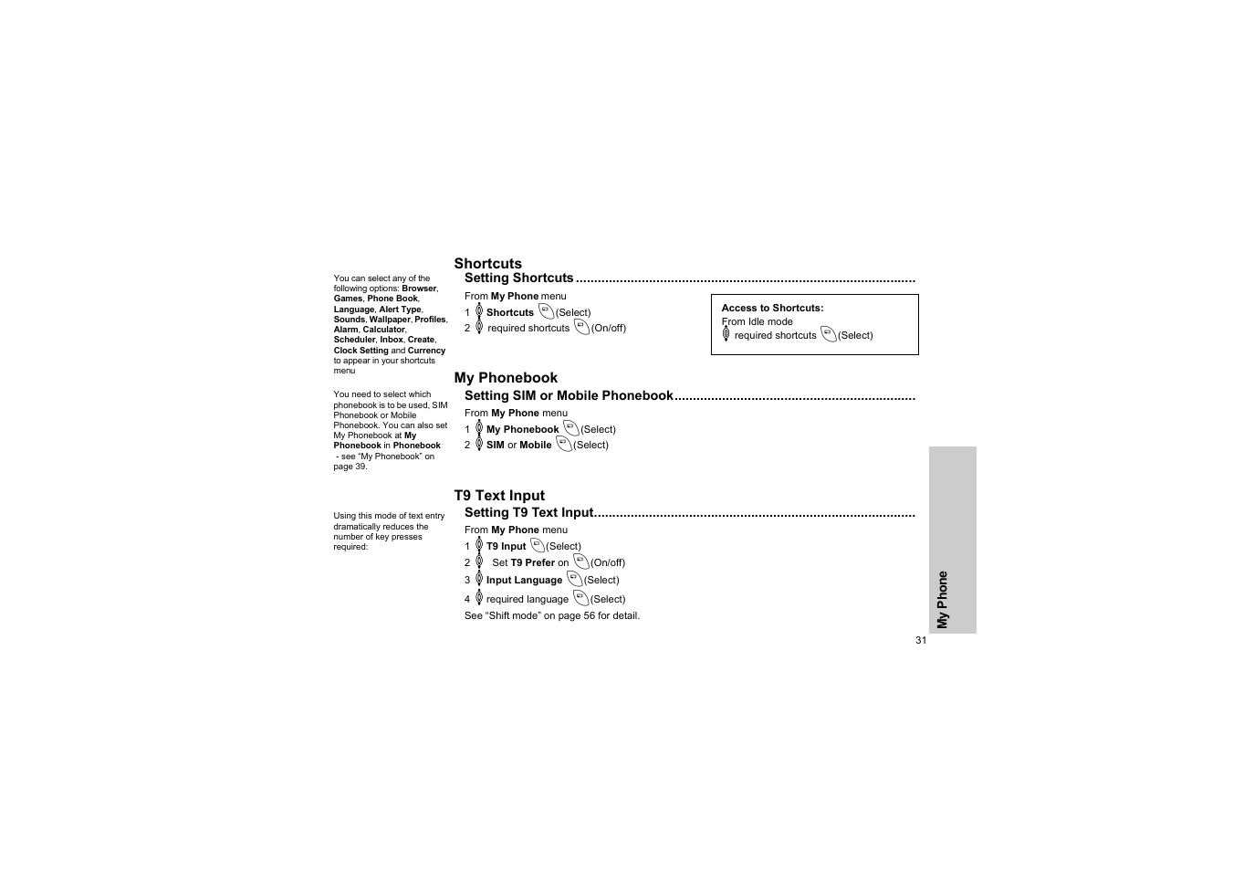 Shortcuts, Setting shortcuts, My phonebook | Setting sim or mobile phonebook, T9 text input, Setting t9 text input, Shortcuts my phonebook t9 text input, P. 31) | Panasonic EB-G50 User Manual | Page 34 / 104