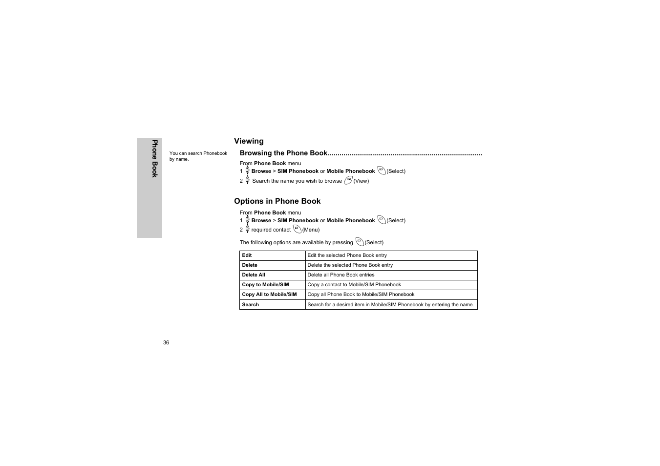 Viewing, Browsing the phone book, Options in phone book | Viewing options in phone book | Panasonic EB-G50 User Manual | Page 39 / 104
