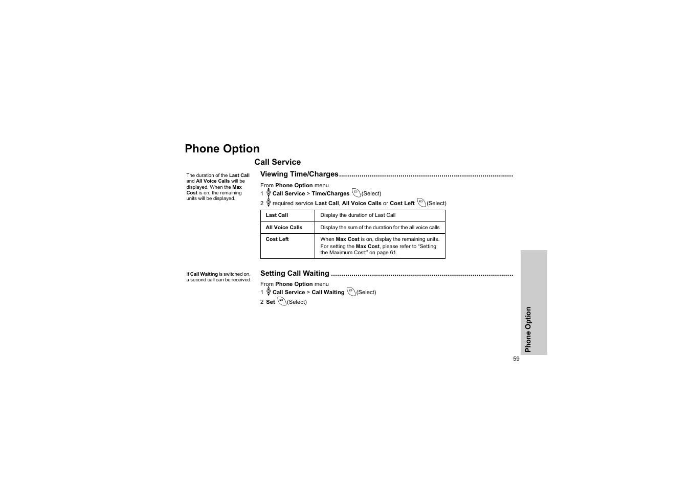 Phone option, Call service, Viewing time/charges | Setting call waiting | Panasonic EB-G50 User Manual | Page 62 / 104