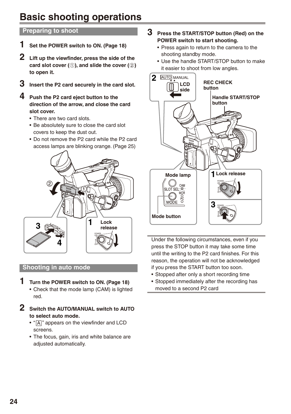 Shooting, Basic shooting operations, Preparing to shoot | Shooting in auto mode, Preparing to shoot shooting in auto mode | Panasonic AG-HPX172EN User Manual | Page 24 / 128