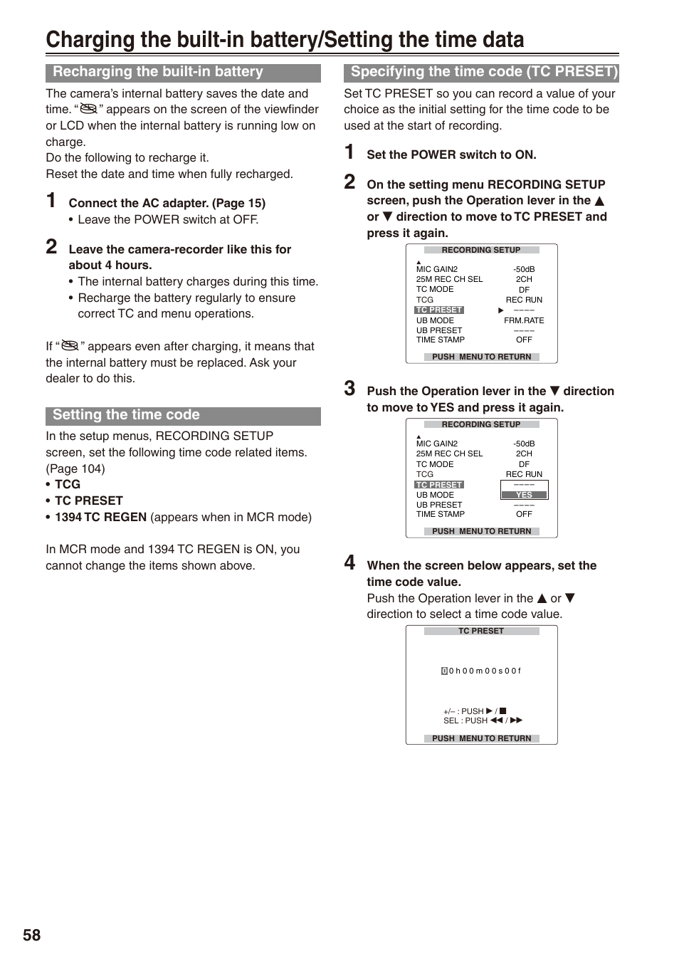 Recharging the built-in battery, Setting the time code, Specifying the time code (tc preset) | Charging the built-in battery | Panasonic AG-HPX172EN User Manual | Page 58 / 128