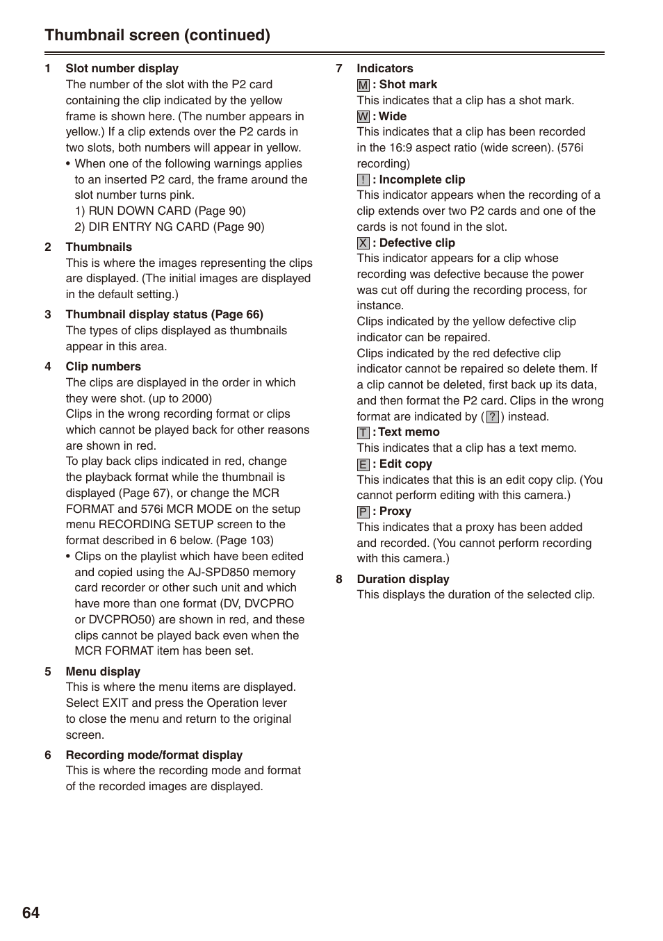 Thumbnail screen (continued) | Panasonic AG-HPX172EN User Manual | Page 64 / 128