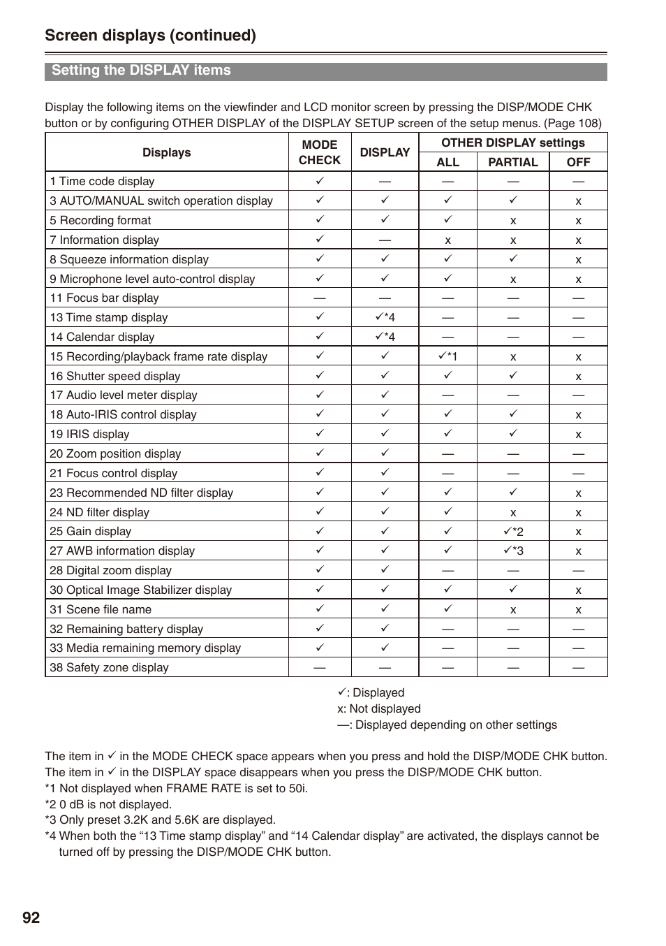 Setting the display items, 9 screen displays (continued) | Panasonic AG-HPX172EN User Manual | Page 92 / 128