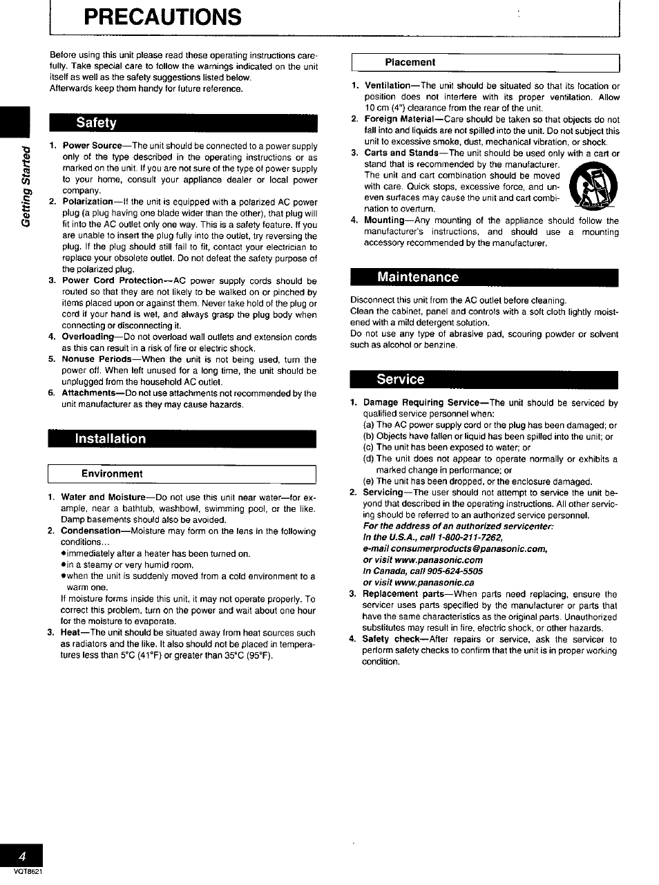 Precautions, Safety, Installation | Maintenance, Service | Panasonic DVD-RV80 User Manual | Page 4 / 44