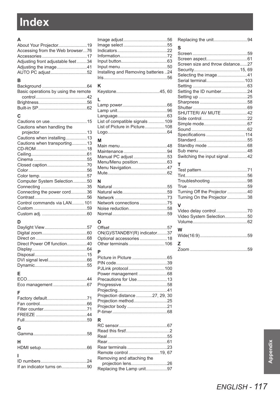 Index, English | Panasonic PT-EW630U User Manual | Page 117 / 118