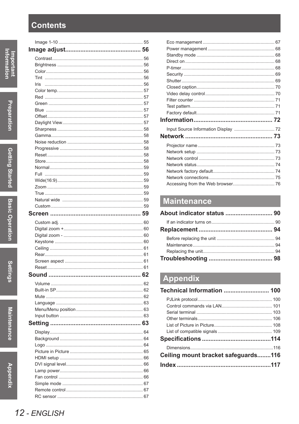 Panasonic PT-EW630U User Manual | Page 12 / 118