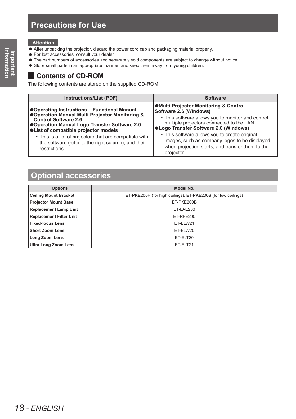 Optional accessories, Precautions for use, English | Contents of, Cd-rom | Panasonic PT-EW630U User Manual | Page 18 / 118